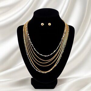 Multi-Strand Gold & Silver Dual-Tone Necklace with Matching Gold Stud Earrings